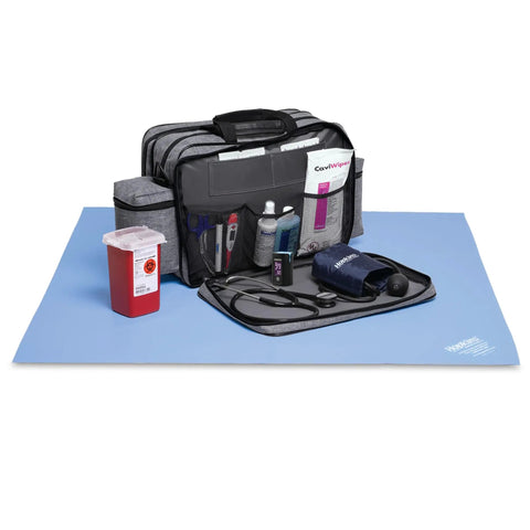 Antimicrobial Bag Barrier for Medical Bags and On The Go Workstations, Latex Free Reusable Shield That Kills Microorganisms, Easy Wipe Cleanup, Keeps Your Workspace Clean and Hygienic for Med Pros and Clinicians on blue mat