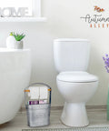 Farmhouse Freestanding Toilet Paper Holder With Reserve Storage For Mega Rolls And Magazines next to a toilet