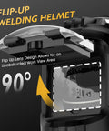 Flip Front Welding Helmet With Shade 10 Flip Lens For Stick MIG TIG Welding Lightweight Durable PP Helmet Adjustable Twist Knob Headgear UV Protection Refined Weld Mask For Pro And DIY Use with open flip lens showing interior view at 90-degree angle.