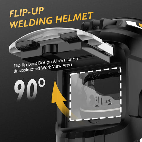 Flip Front Welding Helmet With Shade 10 Flip Lens For Stick MIG TIG Welding Lightweight Durable PP Helmet Adjustable Twist Knob Headgear UV Protection Refined Weld Mask For Pro And DIY Use with open flip lens showing interior view at 90-degree angle.