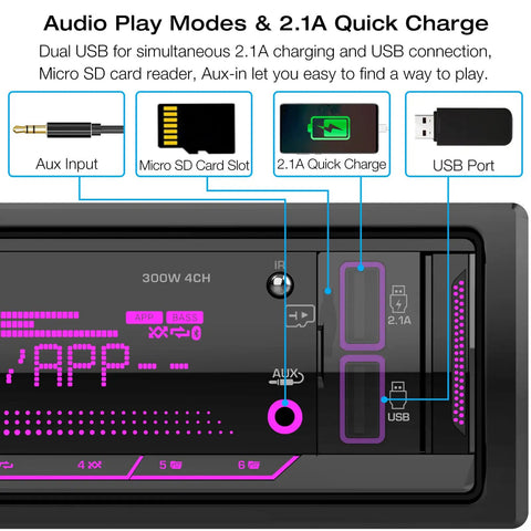 Marine Bluetooth Car Stereo Receiver With Digital LCD Display FM AM Radio USB SD AUX MP3 Player 2A Quick Charge ports close-up