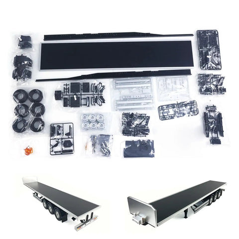 1/14 Scale RC Flatbed Semi Truck Chassis Kit For DIY Model, shown in unassembled parts with three-axle setup and components