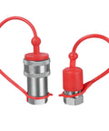 Pair of 1/2-inch ISO 7241-A Pioneer hydraulic quick-connect tractor couplers with red lanyards, metal bodies, and dust caps