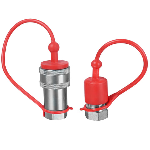 Pair of 1/2-inch ISO 7241-A Pioneer hydraulic quick-connect tractor couplers with red lanyards, metal bodies, and dust caps
