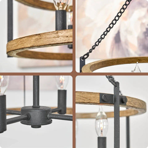 Close-up of 22 Inch Modern Farmhouse 4 Light Drum Pendant Chandelier With Adjustable Height Warm Oak Wood Finish and Chain Link Design