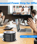 Pop Up Countertop Power Outlet With 20W USB C Fast Charge Hidden Recessed Socket Four AC Plugs And One USB A Port Top Qi Wireless Charger For Kitchen Four Point Seven Inch Built In Pop Up Outlet Black in office setting