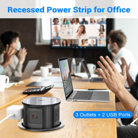 Pop Up Countertop Power Outlet With 20W USB C Fast Charge Hidden Recessed Socket Four AC Plugs And One USB A Port Top Qi Wireless Charger For Kitchen Four Point Seven Inch Built In Pop Up Outlet Black in office setting