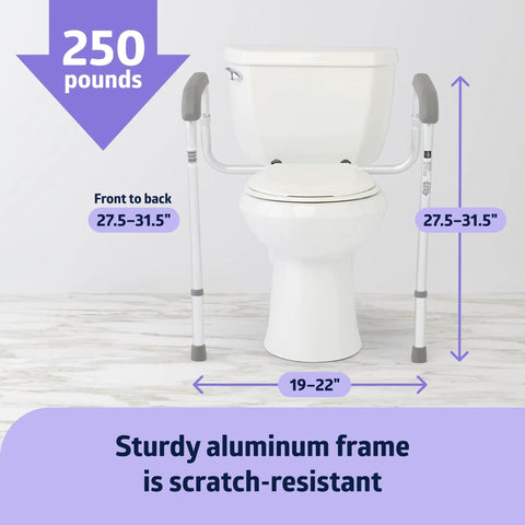 Super Sturdy Aluminum Toilet Handle Safety Rail With Folding Grab Bar Design, showing adjustable height and sturdy frame.