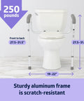 Rock Solid Aluminum Foldable Toilet Safety Rail With Sweet Comfort Handles Quick Height Adjustments Universal Fit For Standard Or Raised Seats No Sweat Drop In Setup Senior Support For Post Surgery Recovery with adjustable height measurements.
