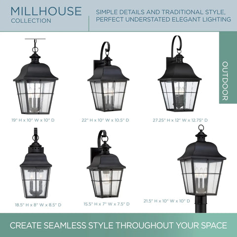 "Classic Millhouse 18.5 Inch Outdoor Wall Lantern In Mystic Black With Clear Seeded Glass, Traditional Two Light Exterior Sconce For That Curb Appeal And Cozy Glow, Built Tough For Any Weather, showing various angles and sizes"
