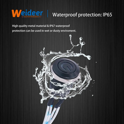 12mm Momentary Push Button Switch With Blue LED Ring That Feels Beefy Tough Metal Chassis Waterproof Power Button splashed with water