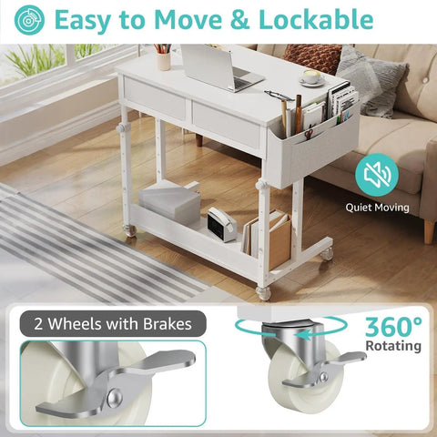 Rolling Mobile Desk With Drawers And Storage Adjustable Height Standing Workstation On Wheels For Small Spaces, white