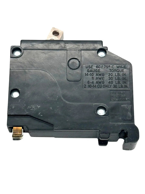 CH Series 20 Amp Single Pole Circuit Breaker 120 To 240 Volt AC With 10kA Interruption Capacity Standard Toggle 1 Pole Ideal For Home Panel Upgrades And DIY Electrical Projects CHF120-1 black rear view with wire gauge and torque label