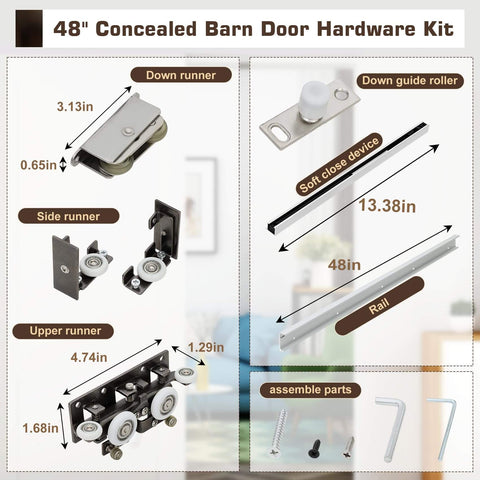 Concealed Sliding Barn Door Hardware Kit With Soft Close For 40 To 44 Inch Passage Opening components detailed view