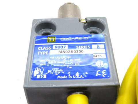 Close-up of Yellow Limit Switch Series B Model 9007MS02S0300 with label visible for industrial automation and equipment control