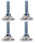 Heavy Duty Adjustable Table Legs And Furniture Glides Kill The Wobble Quick With Non Swivel Nylon Pads No Sweat Hex Setup 5/16 Thread 4 Pack Bulletproof Chair Feet Levelers chrome threaded glides set on white background.