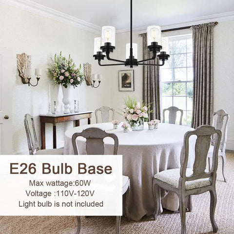 Dining room with Dope Five Light Black Pendant Chandelier With Clear Glass Cylinder Shades And Gooseneck Arms, table and chairs