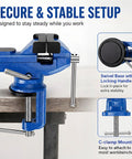 Compact Table Vise For Small Wood And Metal Projects 50mm Clamp Width Handy Clamp Tool For Hobbyists Quick Secure Holding No Fuss Craft And Workshop Helper For DIY Woodworking, blue bench-mounted vise with swivel base and C-clamp
