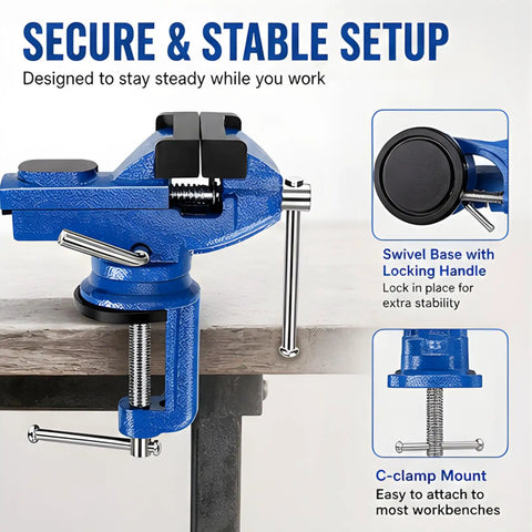 Compact Table Vise For Small Wood And Metal Projects 50mm Clamp Width Handy Clamp Tool For Hobbyists Quick Secure Holding No Fuss Craft And Workshop Helper For DIY Woodworking, blue bench-mounted vise with swivel base and C-clamp