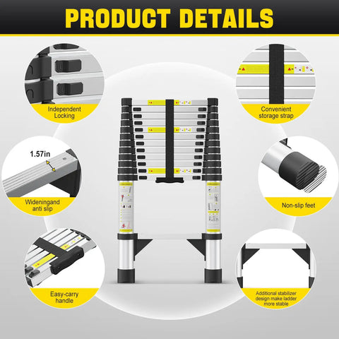 Heavy Duty 12.5 Ft Aluminum Telescoping Ladder With Triangle Stabilizers And Non Slip Feet Portable Collapsible Extension Ladder For Home RV And Outdoor Work 330 Lb Max Capacity, folded with locking and stabilizer details