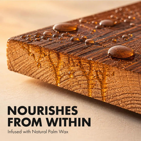 Real Deal Clear Wood Sealer And Tough Water Based Hardwax Oil That Soaks Deep Into Raw Timber To Deliver Bulletproof Weather Shielding With Zero Flake Mess In One Quart, showcasing water droplets on a finished wood surface.