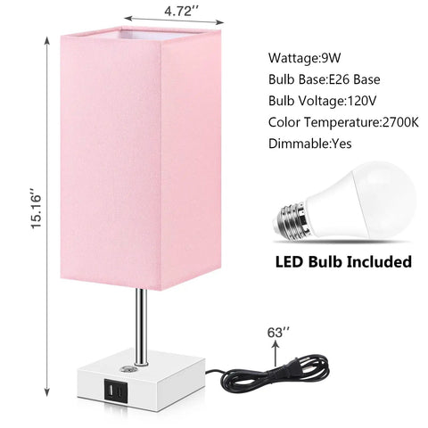 Pink Touch Control Table Lamp With 3 Way Dimmable Brightness And USB A And USB C Ports, White Base Modern Nightstand Light