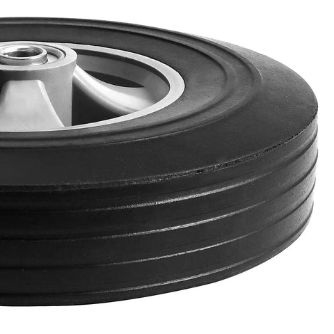 Close-up of Solid Rubber 10 Inch Hand Truck Wheel With Five Eighth Inch Ball Bearing, showing tread and metal core.