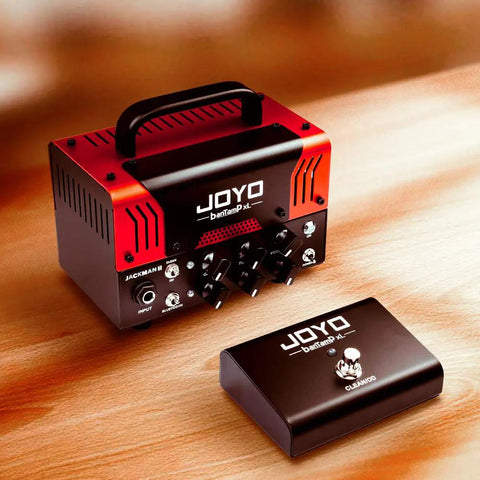 BanTamp XL Mini 20W Guitar Amp Head With Bluetooth, hybrid tube tech, footswitch, two channel design on wooden surface