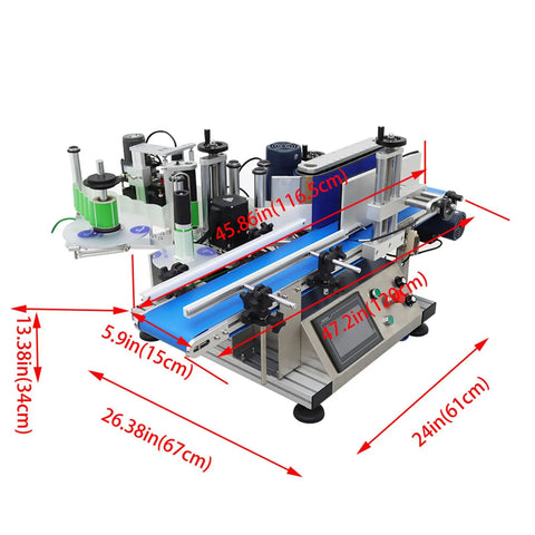 Smooth Operator High Speed Automatic Round Bottle Labeling Machine Desktop Conveyor Label Applicator For Wine Cans Cosmetics 110V With Fast Coding Installation dimensions and components view.