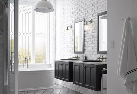 Bathroom with Artifacts Single Sconce With Dope Clear Glass Shades And Inner Frosted Diffusers on brick wall near mirrors