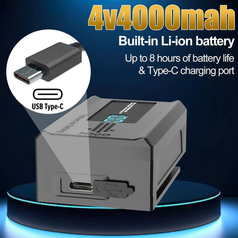 4v4000mAh Li-ion battery with USB Type-C charging port, up to 8 hours battery life. Grey battery pack on a blue platform.