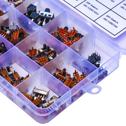 Assorted Mini Micro Slide Switch Kit With 150 Pieces And 17 Styles 2Pin 3Pin 4Pin ON OFF ON Switches in a clear organizer box