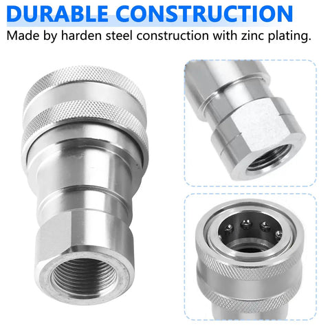 One Quarter Inch Hydraulic Quick Connect Couplers With Dust Caps ISO 7241 B Poppet Valve Pioneer Style Zero Leak For Agricultural And Industrial Equipment Heavy Duty NPT Thread And Body Set Of 2