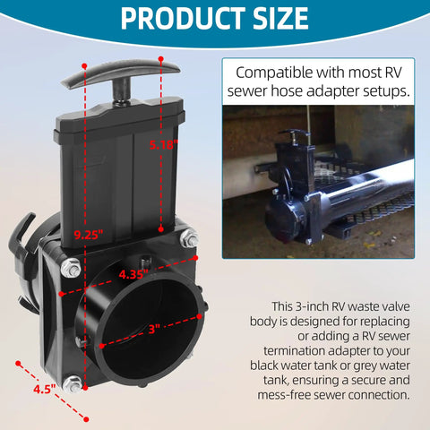 3-Inch RV Waste Valve Body With Handle For Mess-Free Sewer Connection, shown with dimensions, durable replacement fitting for campers