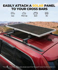 Red car with roof-mounted solar panel using Crab Mounting Kit for solar panels on cars with cross bars and roof racks clamps.