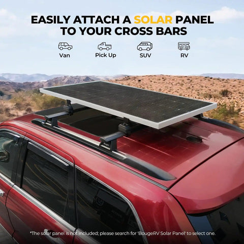 Red car with roof-mounted solar panel using Crab Mounting Kit for solar panels on cars with cross bars and roof racks clamps.