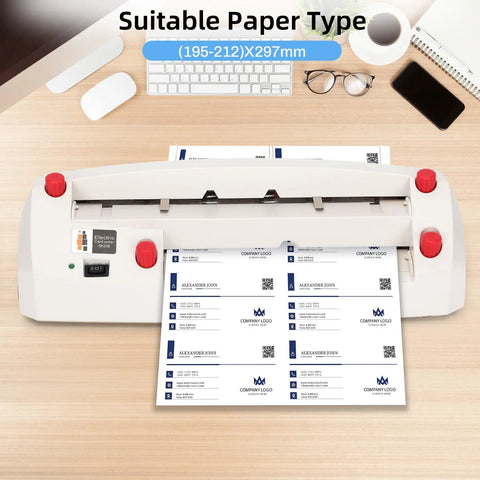 Automatic Nine-Blade Business Card Cutter for 3.5 by 2 inch biz cards, machine on desk, cutting paper into business cards.