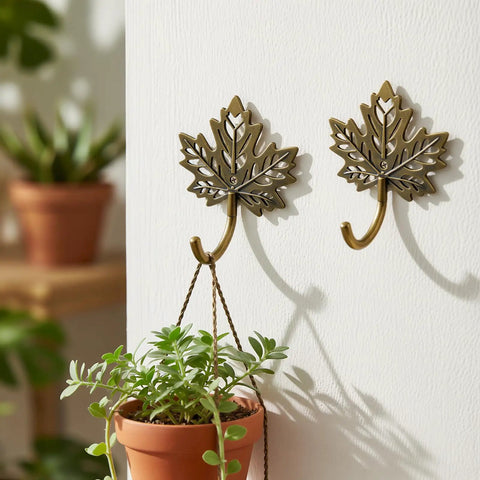 Legit Vintage Maple Leaf Wall Hooks Gold Finish Heavy Duty Decorative Rack Built Tough For Coats And Keys Straight Up Farmhouse Home Organization Two Pack with hanging plant