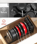 Expandable Pots And Pans Organizer Under Cabinet With Pot Lid Holder And 12 Adjustable Dividers, fits neatly in drawer.