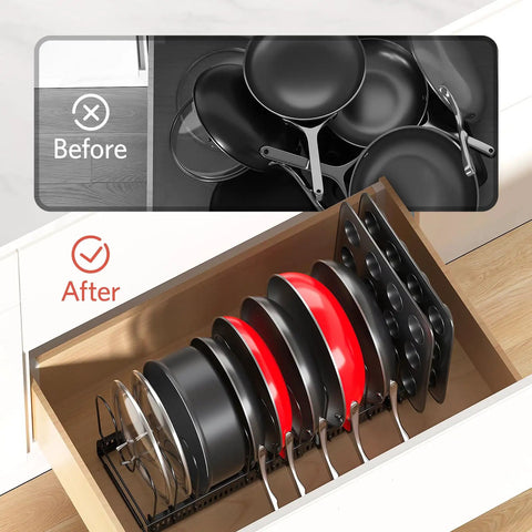 Expandable Pots And Pans Organizer Under Cabinet With Pot Lid Holder And 12 Adjustable Dividers, fits neatly in drawer.