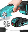 Hand holding 21V Cordless Electric Scissors With 4000mAh Battery and High Speed Cutting Performance for materials like plastic and leather.