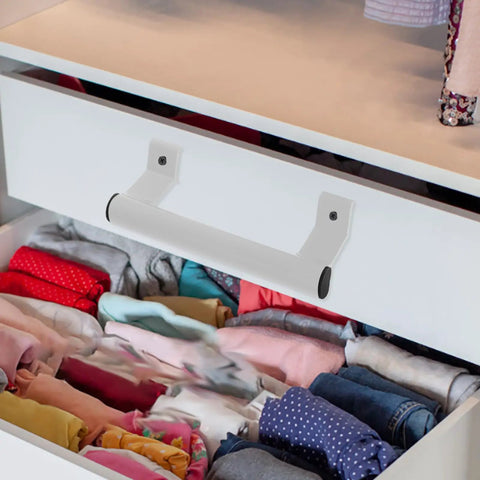 White aluminum alloy sliding barn door handle on a cabinet with folded clothes, Aluminum Alloy Sliding Barn Door Handles With Comfortable Grip Grab And Go For Homes And Offices