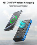 Massive 49800mAh Solar Power Bank With Wireless Charging showing phone charging wirelessly outdoors.
