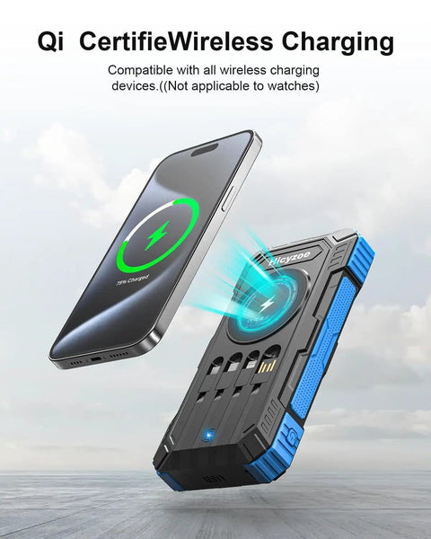 Massive 49800mAh Solar Power Bank With Wireless Charging showing phone charging wirelessly outdoors.