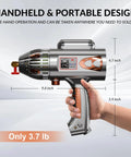 Portable 140A 110V Handheld Arc Stick Welder Inverter Gun with dimensions and hand for size reference.