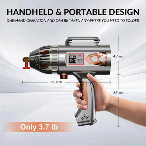 Portable 140A 110V Handheld Arc Stick Welder Inverter Gun with dimensions and hand for size reference.