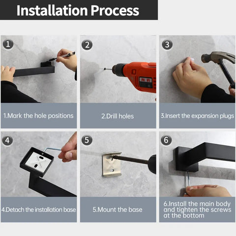 Step-by-step installation of All In One 5 Piece Matte Black Stainless Steel Bathroom Hardware Set For Wall Mounted Towel Bars And Accessories