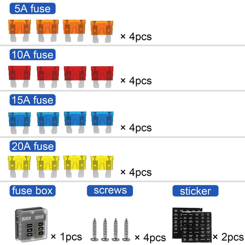 Six Way Fuse Block Panel For 12V And 24V DC Systems With LED Indicator ATC ATO Compatible Fuse Box with assorted fuses, screws, stickers
