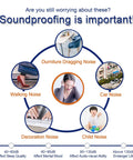 Infographic showing types of noise: furniture dragging, walking, car noise, and child noise，highlighting soundproofing importance.
