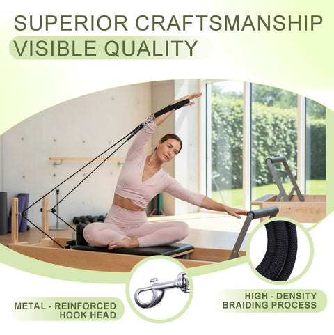 Pilates Reformer Replacement Ropes 2 Pack, 110 Inch Extra Long 8mm Nylon Rope With Metal Grommet, Heavy Duty Low Noise Pulley Rope For Reformer, Tower And Cadillac Style Equipment With Hook, with woman using reformer